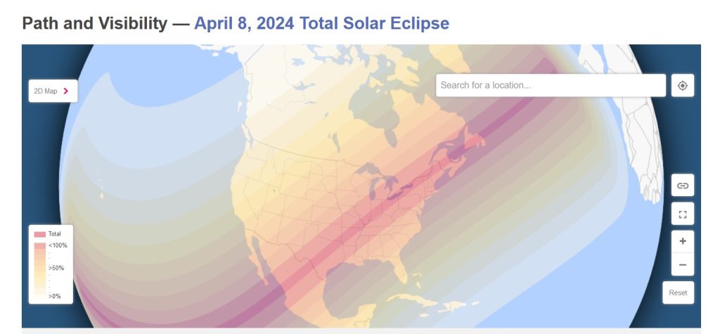 Graph predicting the path and visibility of the Total Solar Eclipse of April 2, 2024. A dark red line, indicating totality, runs from the southwest to the northeast of the contiguous United States.