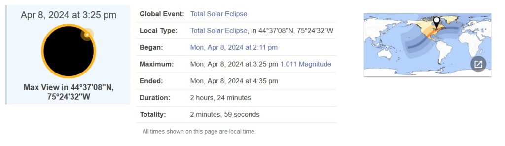 Capture of the summary times of the total eclipse of the sun on April 8, 2024 for Lat 44 37 08 and Lon -75 24 32
