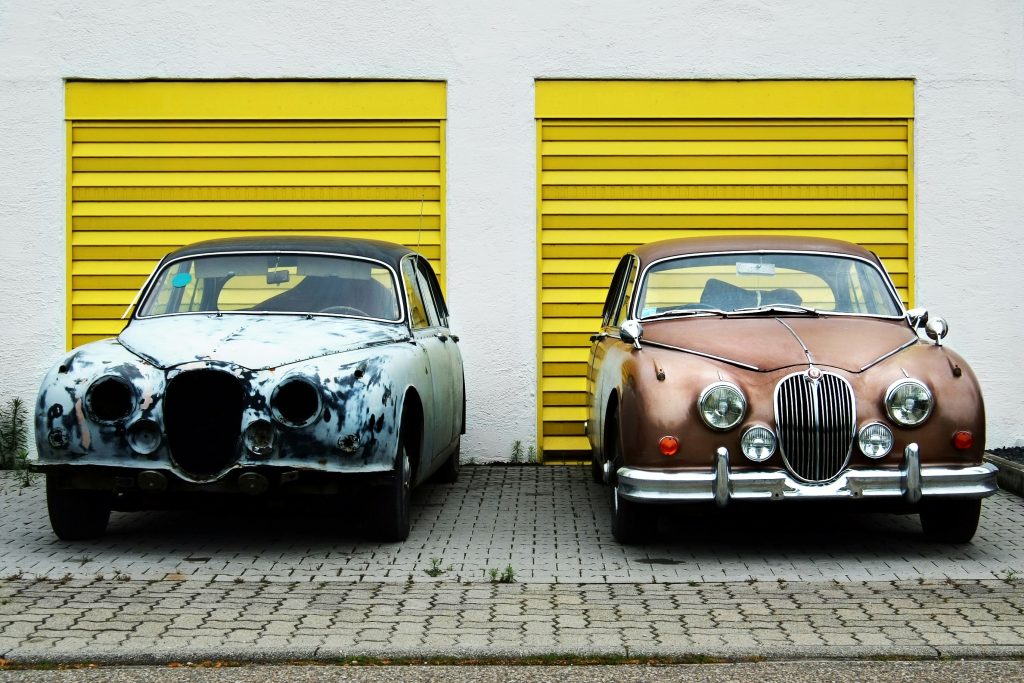 Decorative image comparing two cars that appear to be the same model; one care is very run down and dirty, the other car is new looking and stylish.