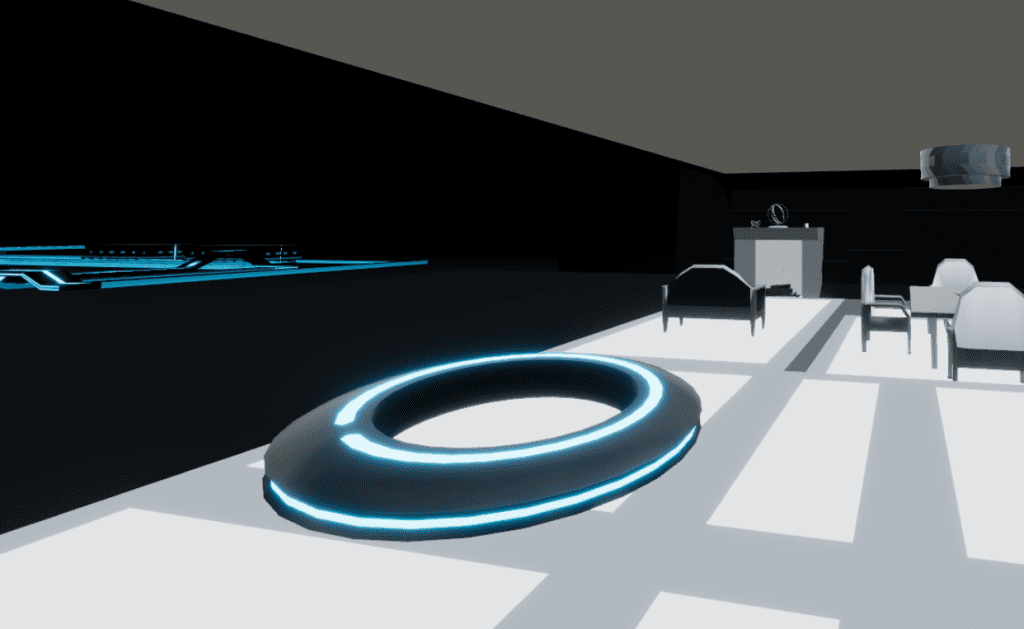 Capture from Flynn's Hideout in Hubs, Identity disk as my 3D object. Frisbee-like disk with a glowing blue outline.