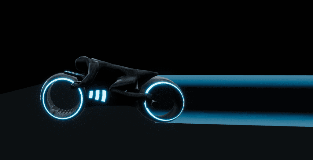 Capture from Tron City in Hubs. The driver leans forward and the motorcycle has a blue glowing tail.