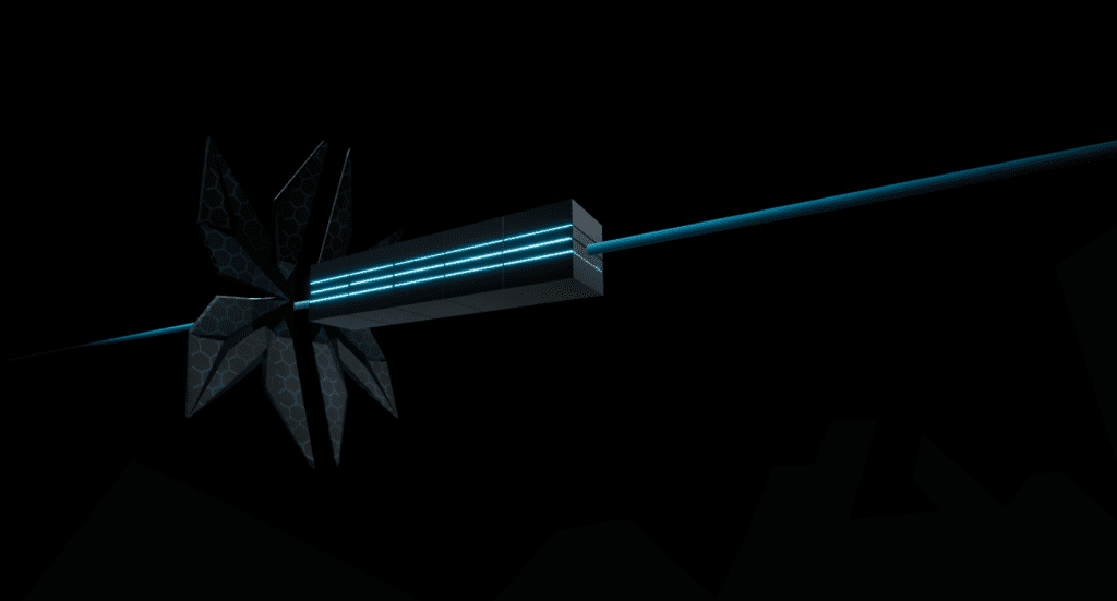 Capture from Tron City in Hubs, Solar Sailer bulk transport ship. Insect-like wings at the front pull several bulk containers along a glowing line of blue  light.