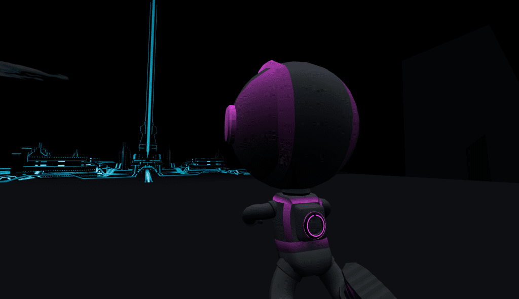 Capture from Tron City in Hubs of Tron Space person purple avatar with identity disk on the back.