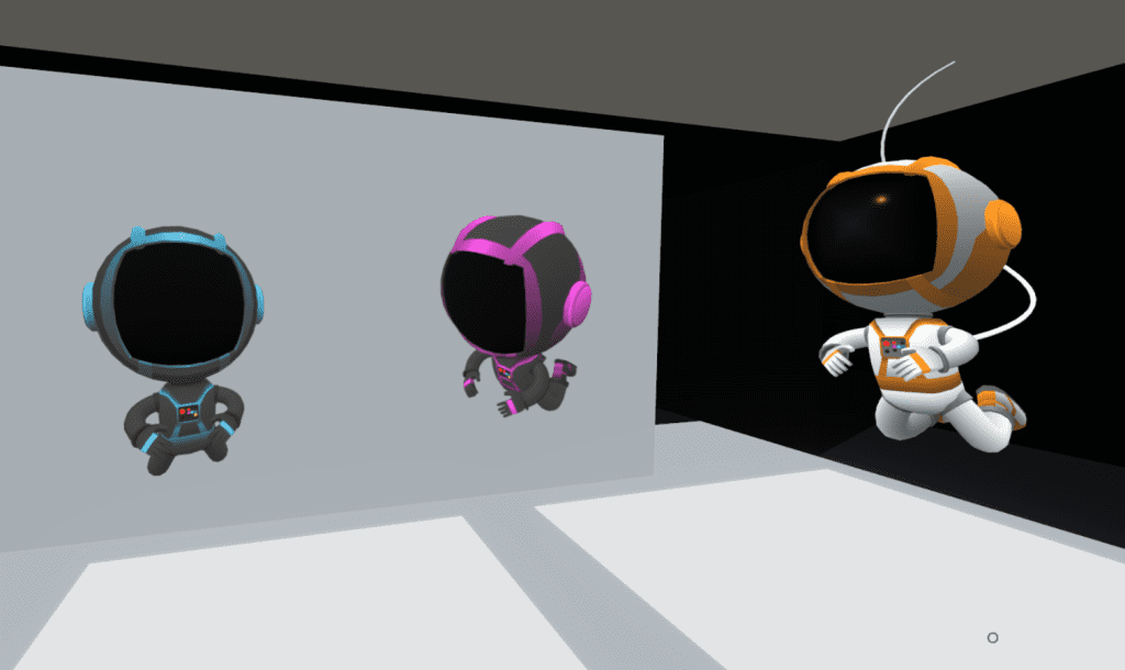 Capture of the Spaceman avatar from Hubs with my Tron Blue and Tron Purple avatars