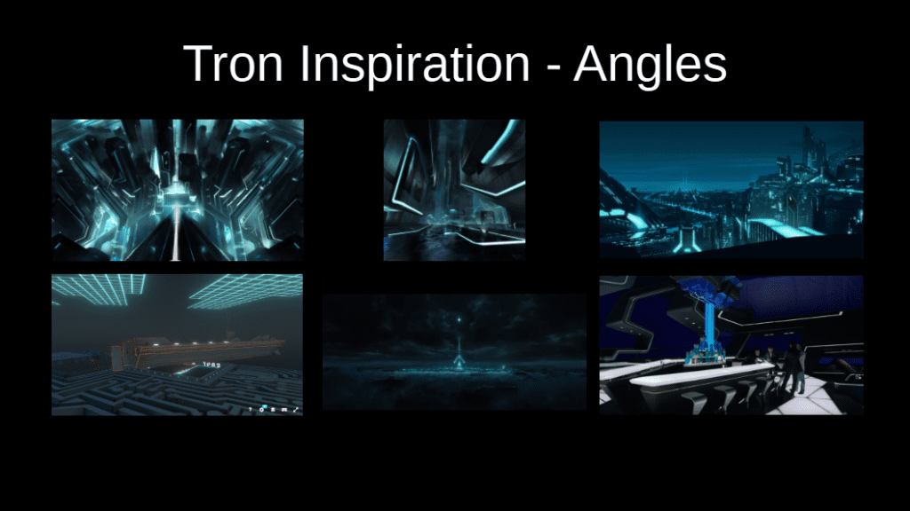 Collage of 6 images showing various angles in Tron fan art or movie captures.  Aesthetic is black with glowing blue grids.