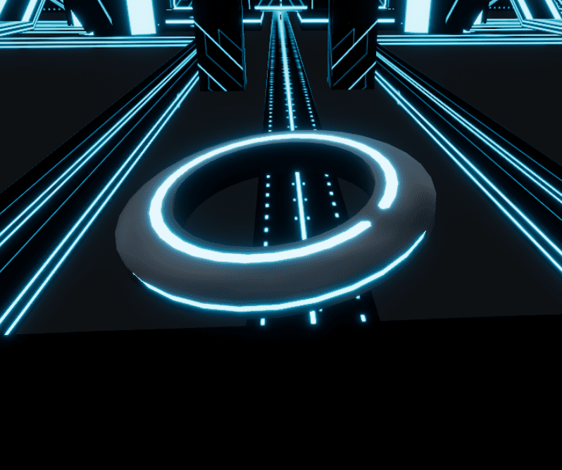 Capture from Tron City in Hubs, Identity disk as my 3D object. Frisbee-like disk with a glowing blue outline.