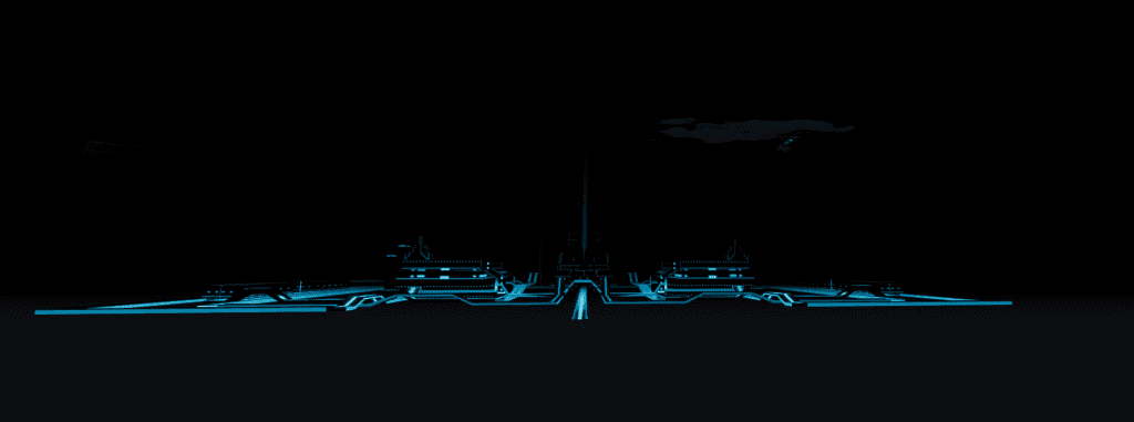 Capture of a blue glowing city that is closer now, with a center power peam just coming into view.