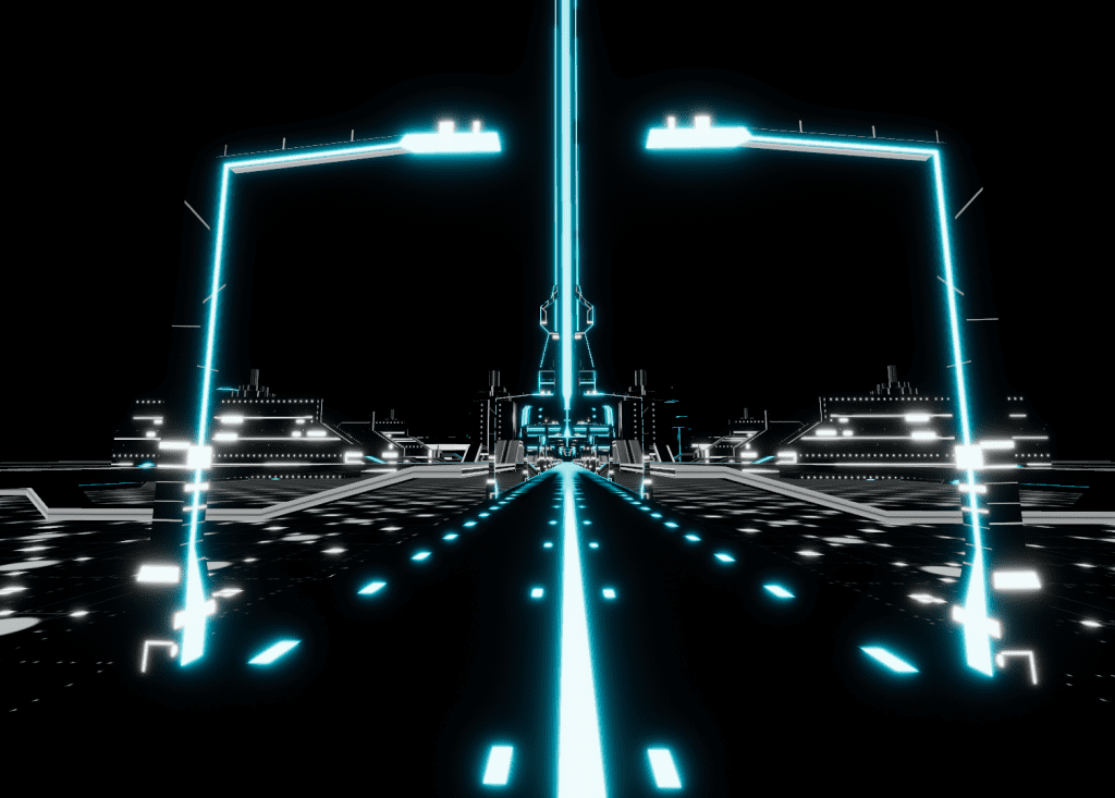 Capture of work in progress from Blender. A cityscape is visible but some elements are white on black while others are blue on black. The blue parts are glowing.