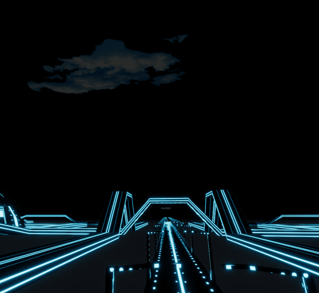 Capture of Tron City in Hubs. A blue tinted cloud floats above roads with glowing lines.